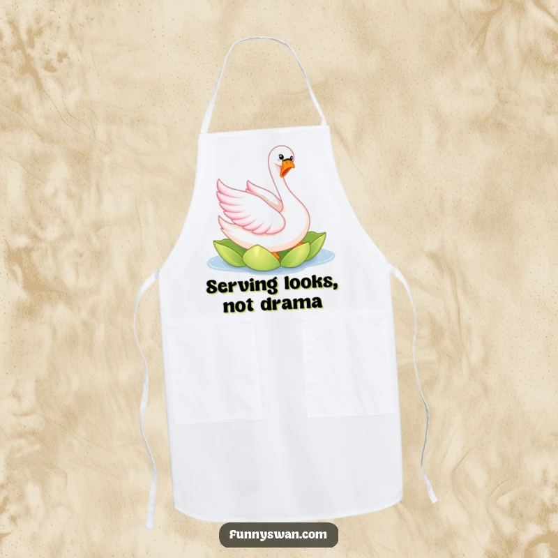 Funny pink swan apron depicting a joyful, elegantly twirling bird with bright pink feathers on a lily pad.