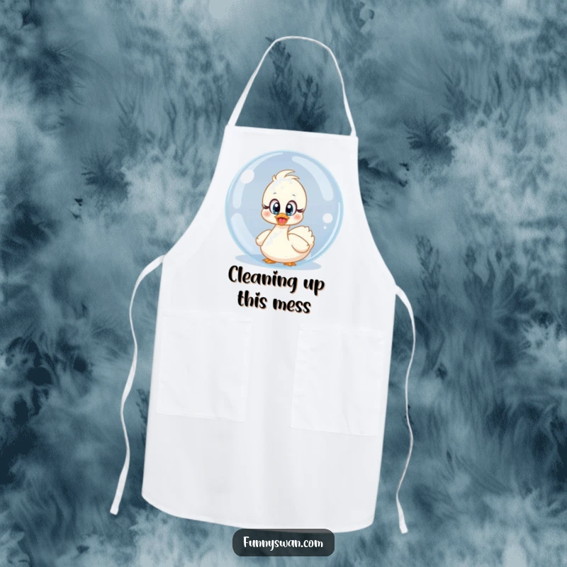 Funny surprised swan apron showing innocent eyes peeking from behind a giant bubble, a comical kitchen accessory.