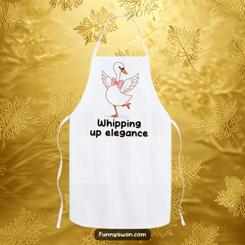 Funny Swan Apron: A graceful swan with an oversized bow tie does a playful pirouette while cooking.