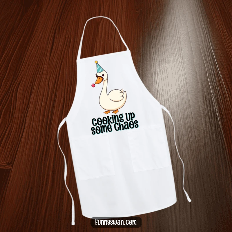 Funny Swan Apron: A silly swan wearing a party hat gleefully blows a noisemaker while cooking up fun.