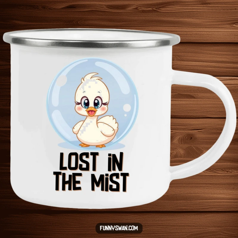 Funny surprised swan camping mug with innocent eyes peeking from behind a giant bubble, perfect for outdoor humor.