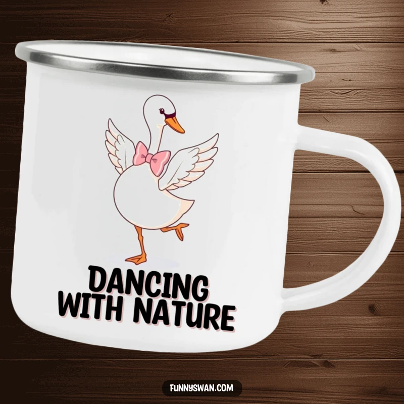 Funny Swan Camping Mug: A graceful swan in a bow tie does a playful pirouette, perfect for elegant camping.