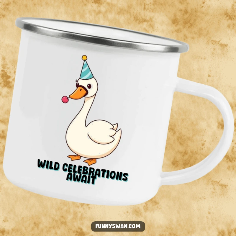 Funny Swan Camping Mug: A silly swan with a party hat blows a noisemaker, perfect for cheerful outdoor drinks.