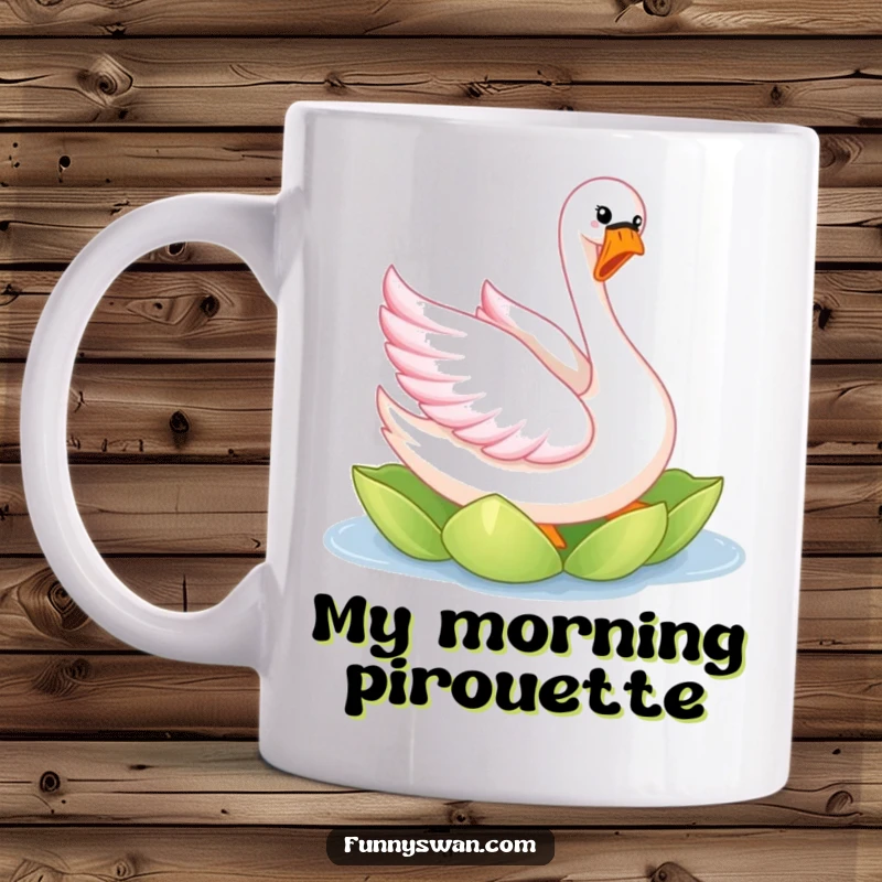 Funny pink swan mug with bright feathers twirling gracefully on a lily pad, showcasing pure joy and elegance.