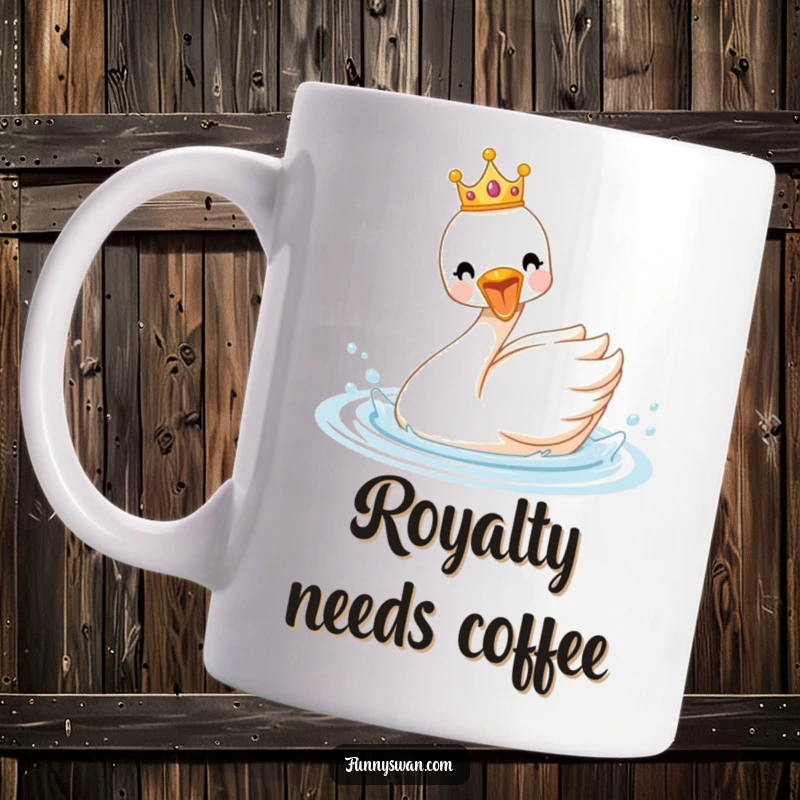 Funny royal swan mug with a tiny crown, enthusiastically splashing in water, showing pure delight and regal fun.