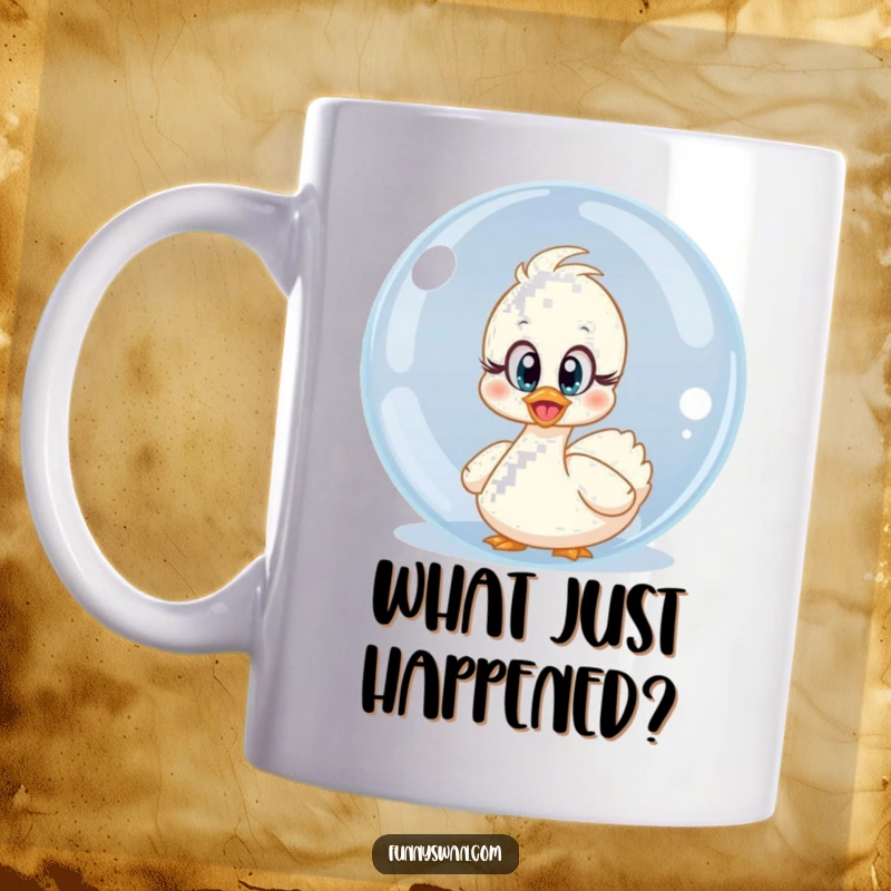 Funny surprised swan mug with wide innocent eyes peeking from behind a giant clear bubble, a moment of shock.