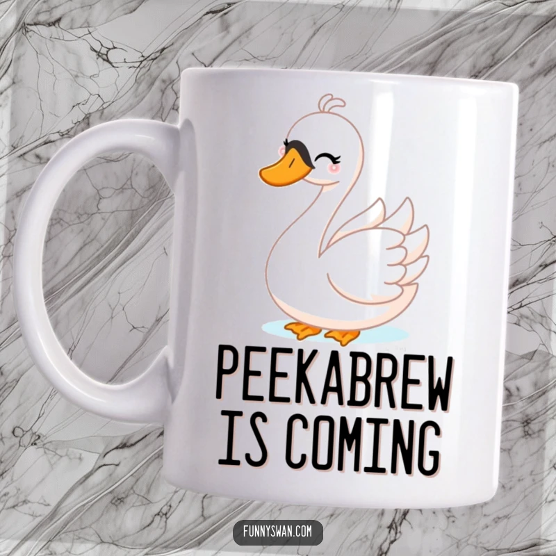 Funny Swan Mug: A playful swan winks mischievously while playing peek-a-boo, offering delightful surprise.
