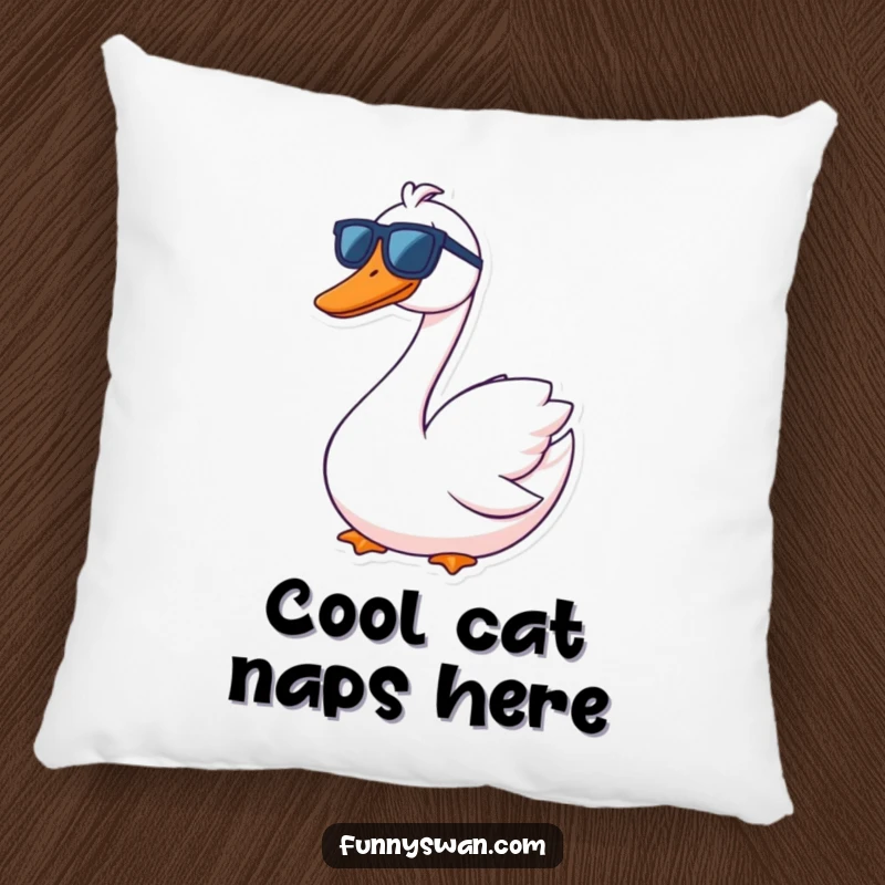 Funny Swan Pillow: A contented swan with a goofy grin wears oversized sunglasses, soft and hilariously cool.
