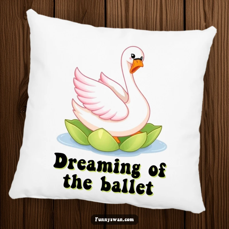 Funny pink swan pillow with a joyful, elegantly twirling bird with bright pink feathers on a lily pad.