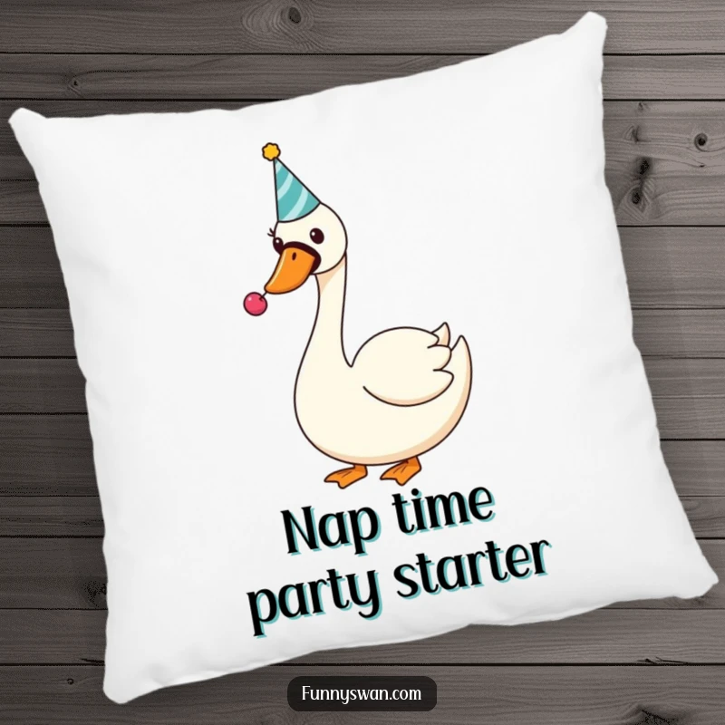Funny Swan Pillow: A silly swan in a party hat joyfully blows a noisemaker, adding comfort and humor.