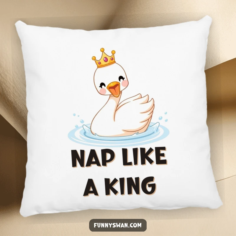Funny royal swan pillow with a tiny crown, showing a delighted bird splashing enthusiastically in water, soft and humorous.