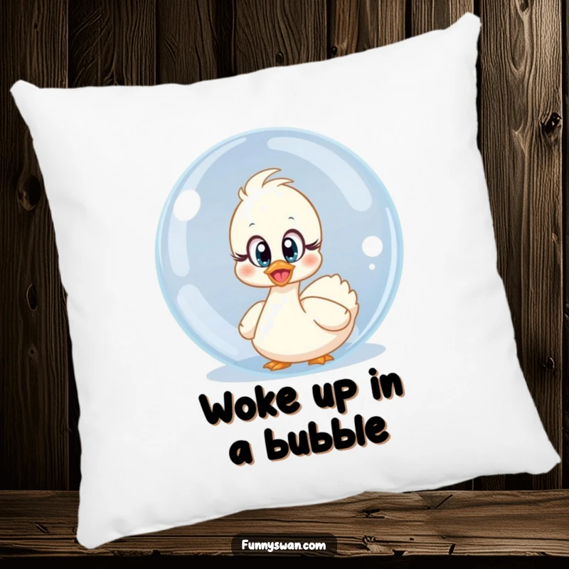 Funny surprised swan pillow with wide, innocent eyes peeking from behind a giant bubble, a cute and comical accent.