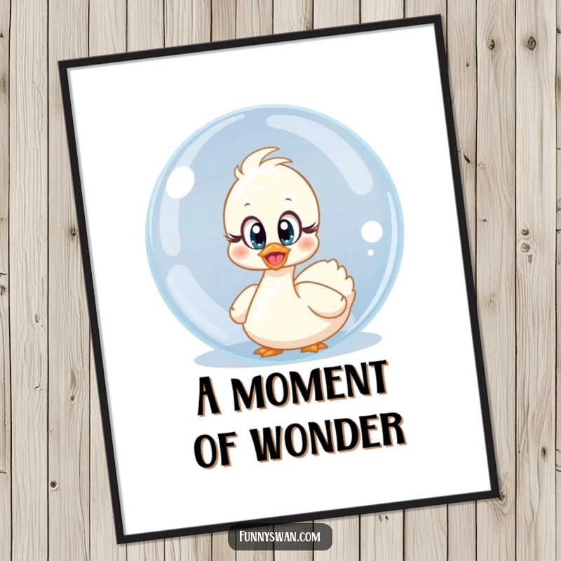 Funny surprised swan digital art print with innocent eyes peeking from behind a giant bubble, a humorous scene.