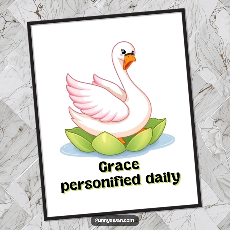 Funny pink swan digital art print of a joyful bird with bright feathers elegantly twirling on a lily pad.