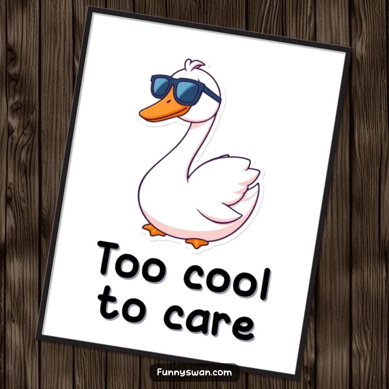 Funny Swan Digital Art: A goofy-grinning swan wears oversized sunglasses, exuding cool humor for instant decor.