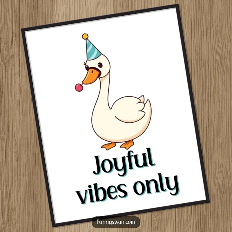 Funny Swan Digital Art: A silly swan wearing a party hat happily blows a noisemaker, perfect for festive wall art.