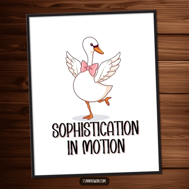 Funny Swan Digital Art: A graceful swan in a large bow tie does a playful pirouette, elegant and humorous.