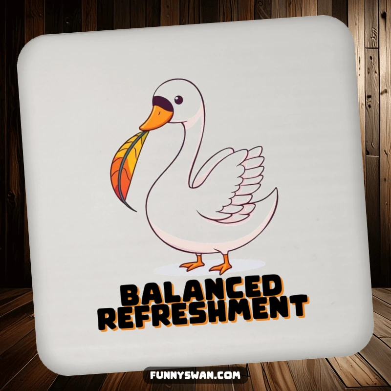 Funny Swan Coaster: A joyous swan balances a colorful feather on its beak, protecting surfaces with charm.