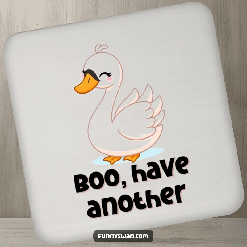 Funny Swan Coaster: A mischievous swan winks playfully while playing peek-a-boo, protecting surfaces with fun.
