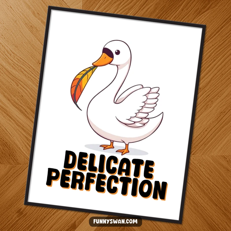 Funny Swan Poster: A joyous swan delicately balances a vibrantly colored feather on its beak, creating artful whimsy.