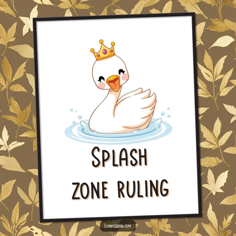 Funny royal swan poster with a tiny crown, a delighted bird splashing enthusiastically in water, vibrant and regal art.