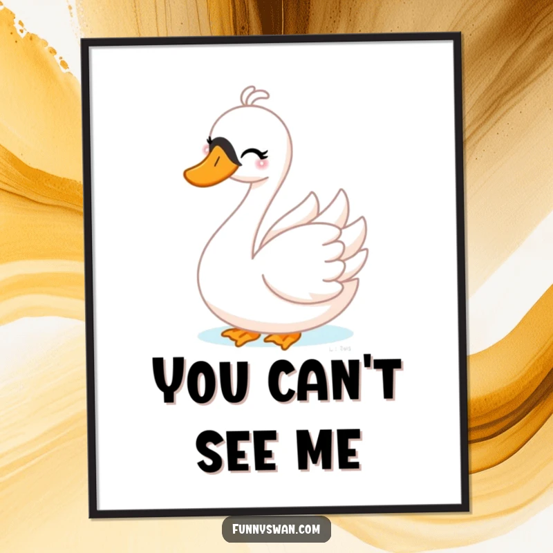Funny Swan Poster: A mischievous swan winks playfully while playing peek-a-boo, creating a fun and engaging art piece.