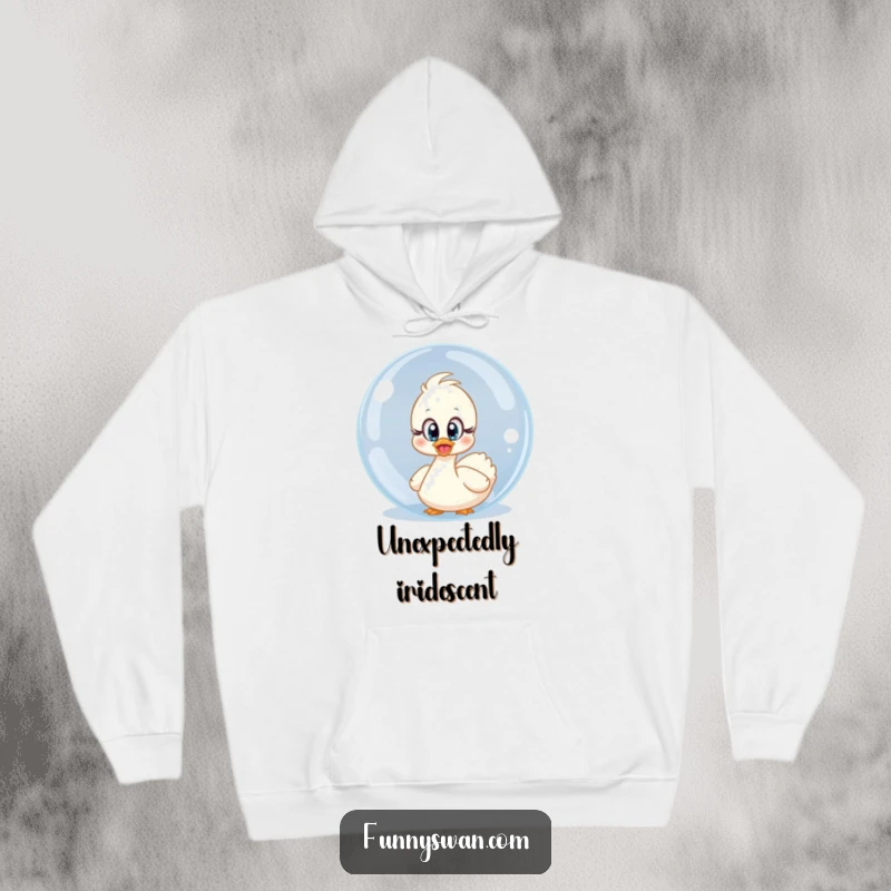 Funny surprised swan hoodie with wide, innocent eyes peeking from behind a giant bubble, a cute and comical design.