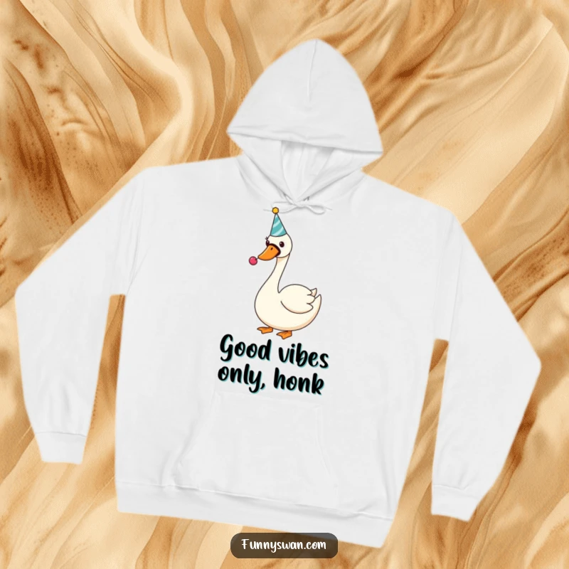 Funny Swan Hoodie: A silly, grinning swan sports a party hat and happily blows a noisemaker for festive fun.