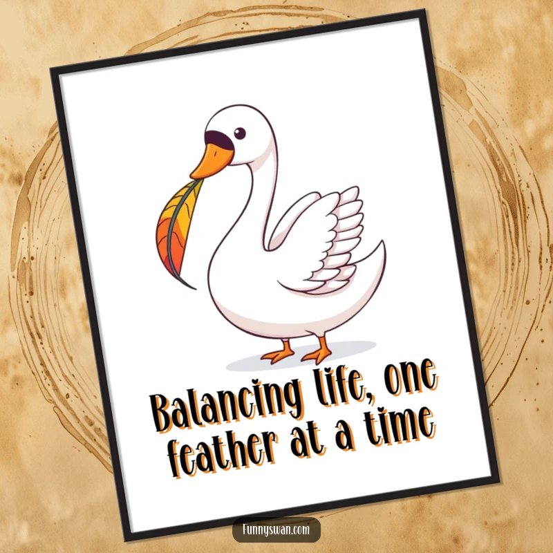 Funny Free Printable Wall Art: A joyous swan showcases incredible balance, holding a bright feather on its beak with a happy expression.