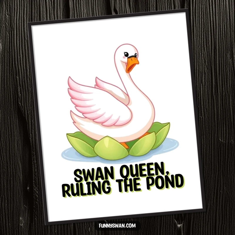 Funny free printable wall art: A cheerful pink swan with bright feathers twirling elegantly on a lily pad, full of joy.