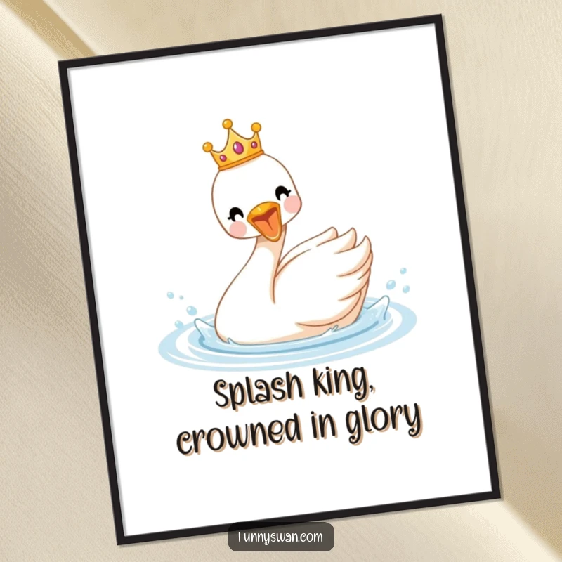 Funny free printable wall art: A delighted swan wearing a tiny crown, splashing enthusiastically in water with pure joy.