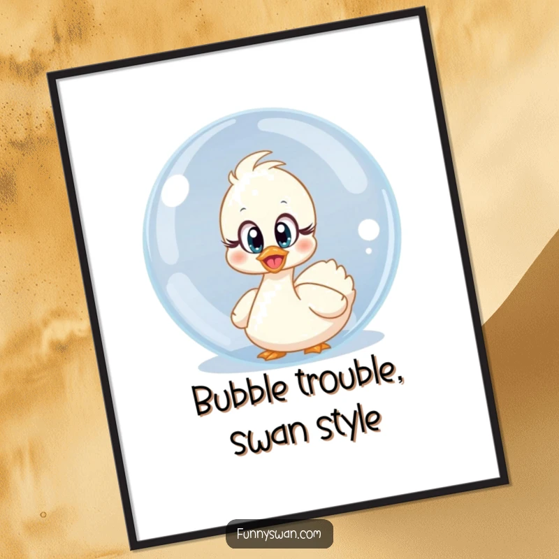 Funny free printable wall art: A surprised swan with innocent eyes peeking from behind a giant, shimmering bubble.