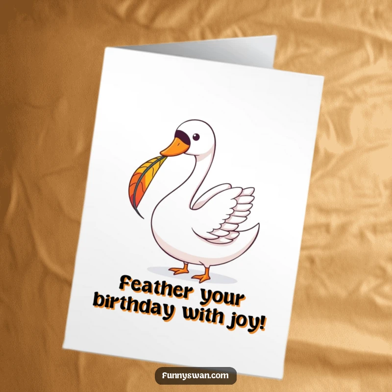 Funny Free Printable Birthday Card: A joyous swan perfectly balances a vibrant, colorful feather on its beak with delight.