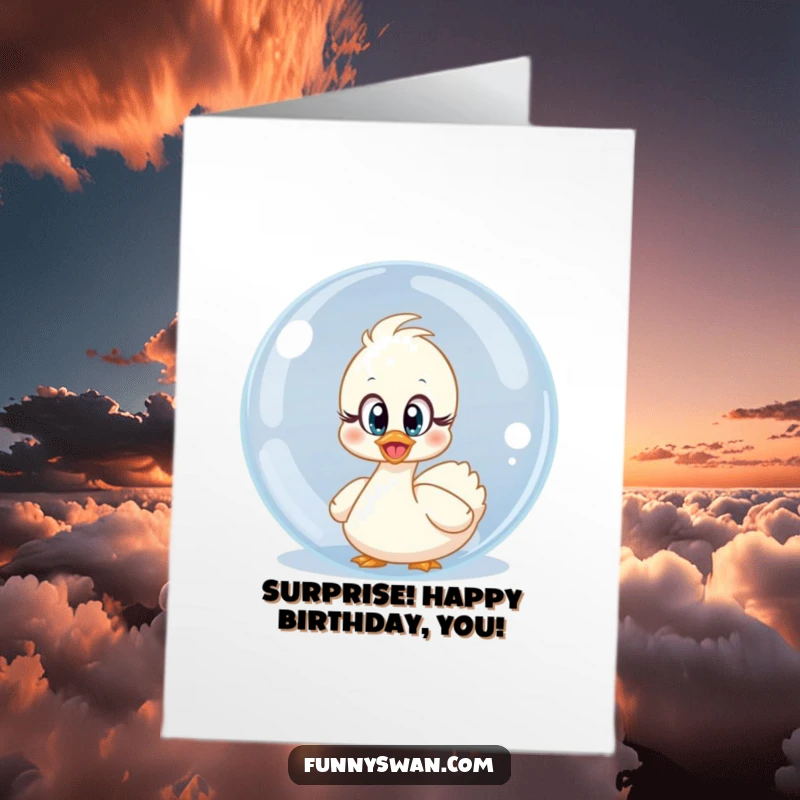 Funny free printable birthday card: A surprised swan with wide, innocent eyes peeking from behind a giant, iridescent bubble.