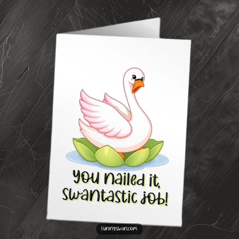 Funny free printable congratulations card: A jubilant pink swan gracefully twirling on a lily pad, celebrating success.