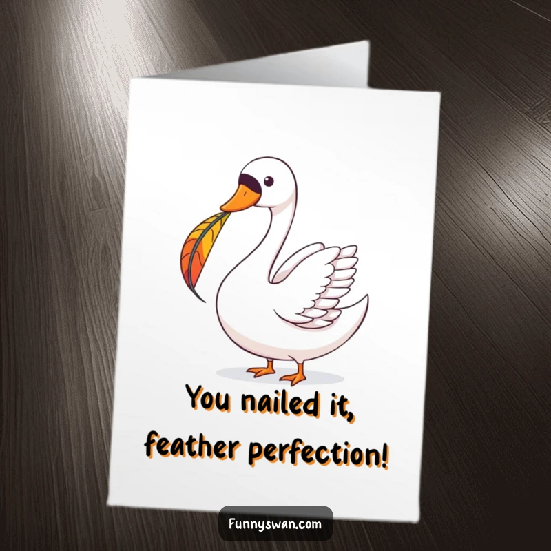 Funny Free Printable Congratulations Card: A joyous swan displays impressive balance, holding a colorful feather on its beak.
