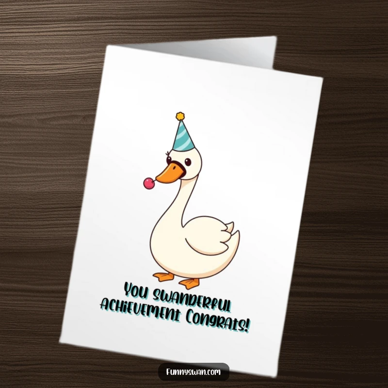 Funny Free Printable Congratulations Card: Silly swan in party hat blowing noisemaker, celebrating success with joyful abandon.