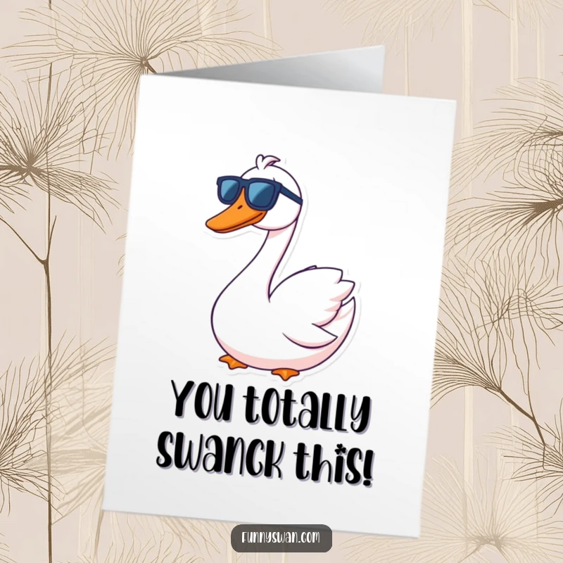 Funny Free Printable Congratulations Card: Contented swan wearing oversized sunglasses, sporting a goofy grin to celebrate success.