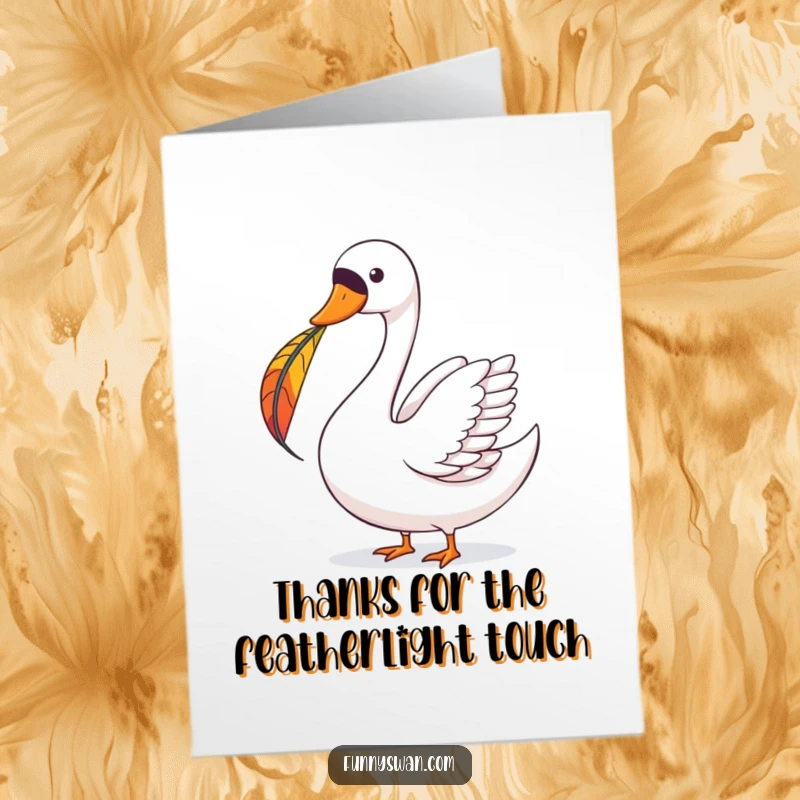 Funny Free Printable Thank You Card: A joyous swan with perfect balance holds a colorful feather on its beak, conveying thanks.