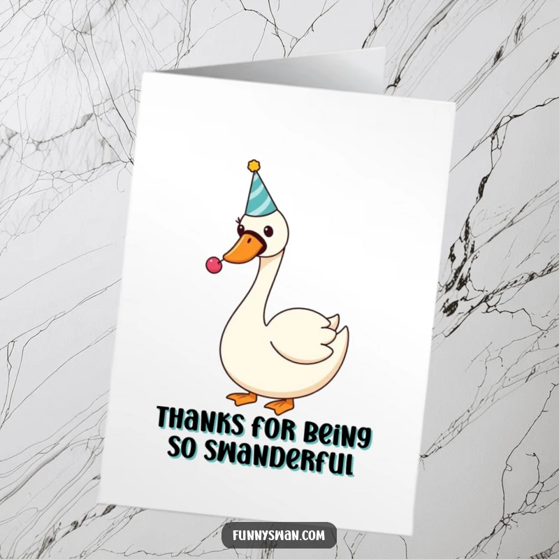 Funny Free Printable Thank You Card: Silly swan wearing a party hat, blowing a noisemaker to express cheerful gratitude.