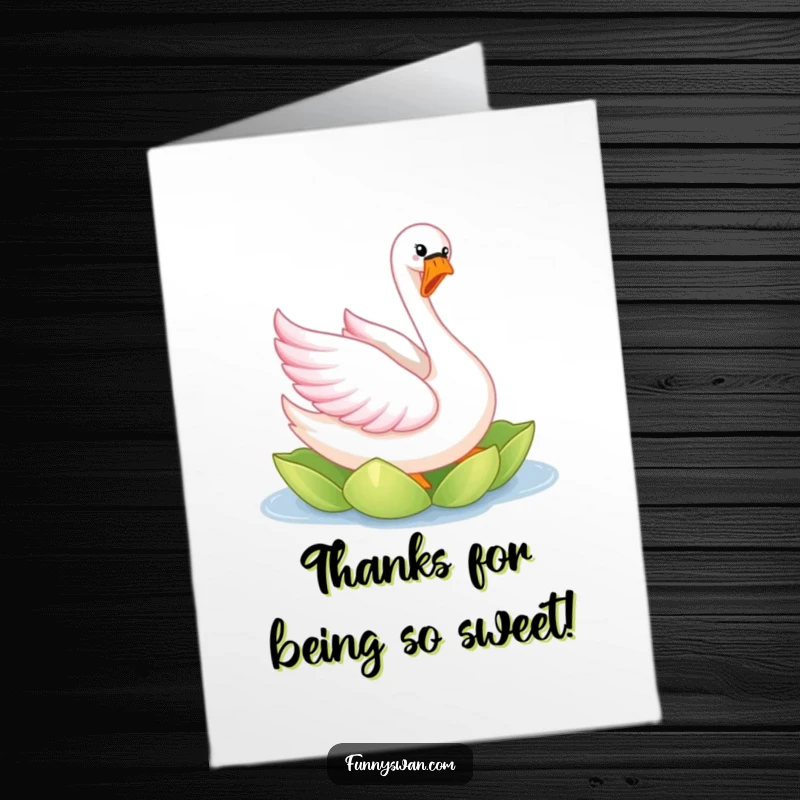 Funny free printable thank you card: A joyful pink swan elegantly twirling on a lily pad, expressing thanks gracefully.