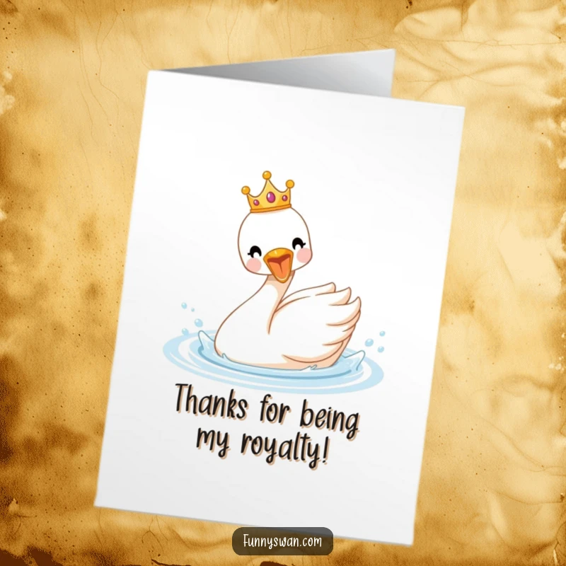 Funny free printable thank you card: A delighted swan wearing a small crown, joyfully splashing in the water.