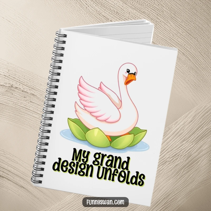 Funny pink swan notebook cover featuring a joyful, elegantly twirling bird with bright pink feathers on a lily pad.