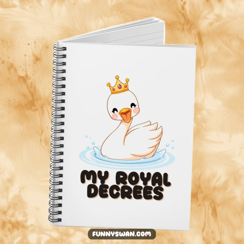 Funny royal swan notebook cover with a tiny crown, a delighted bird splashing enthusiastically in water, regal design.