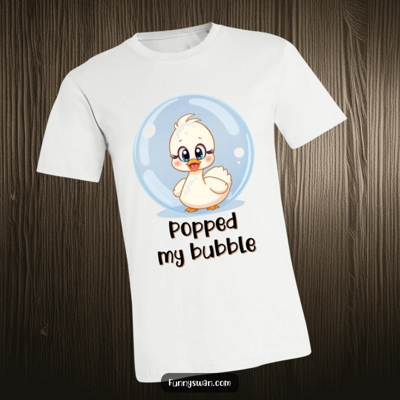 Funny surprised swan t-shirt with innocent eyes peeking out from behind a massive translucent bubble, a comical scene.