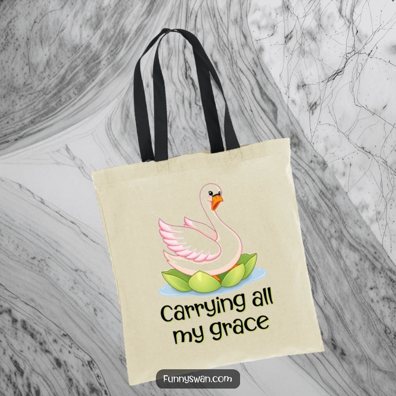 Funny pink swan tote bag with a joyful, elegantly twirling bird with bright pink feathers on a lily pad.