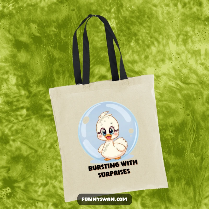 Funny surprised swan tote bag with innocent eyes peeking from behind a large bubble, a whimsical and amusing accessory.