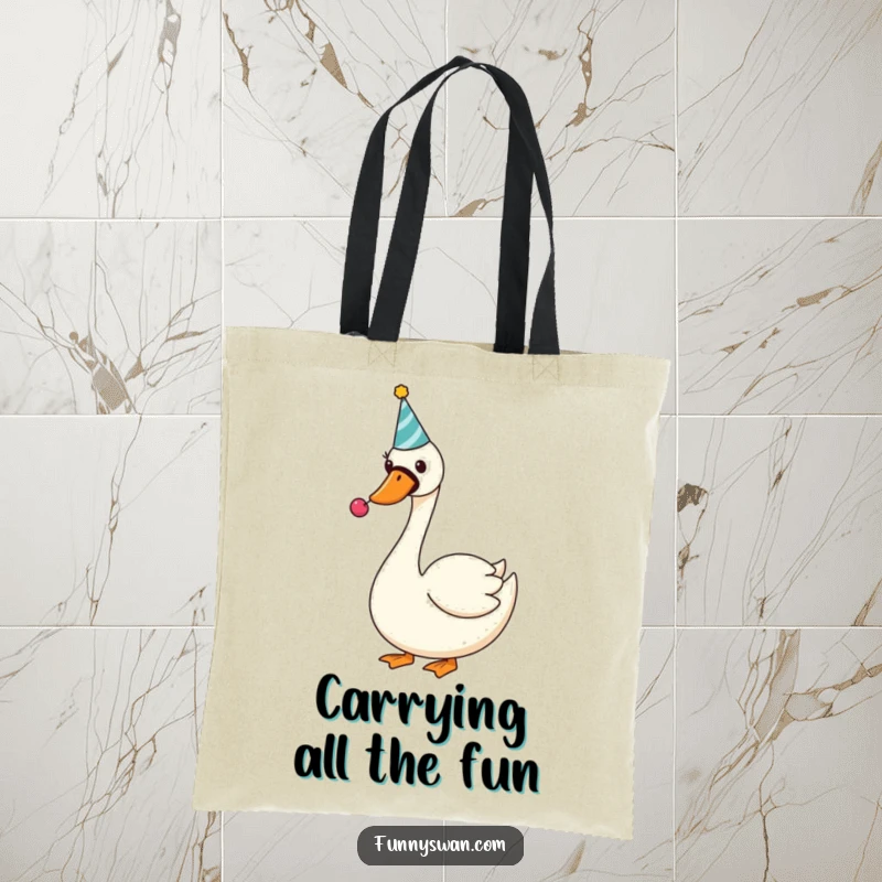 Funny Swan Tote Bag: A silly swan in a party hat blows a noisemaker, making it a happy accessory.